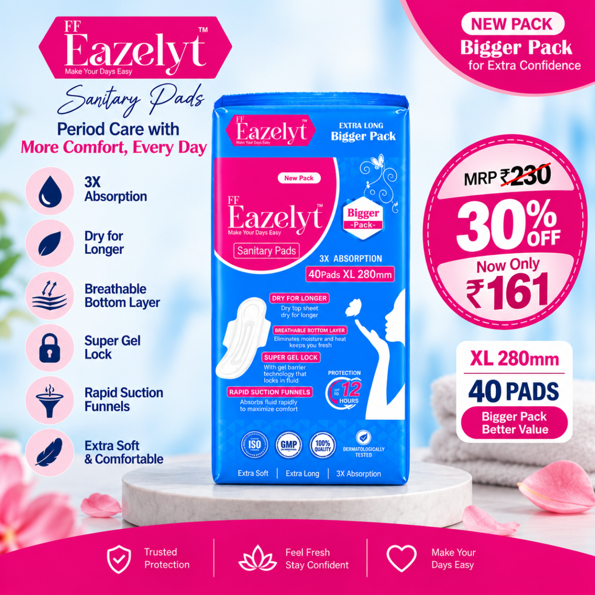 FF Eazelyt Extra Long Sanitary Pads – XL 280mm | 40 Pads | Bigger Pack